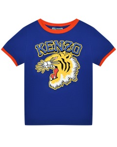 Футболка с принтом "тигр" и лого, синяя KENZO