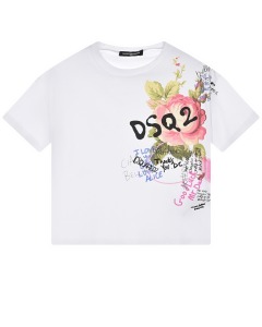 Белая футболка с цветочным принтом и лого Dsquared2